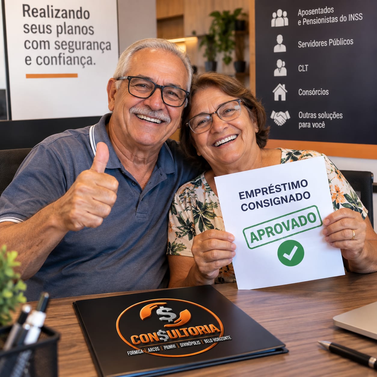 Casal segurando uma placa de empréstimo consignado no escritório da consultoria.